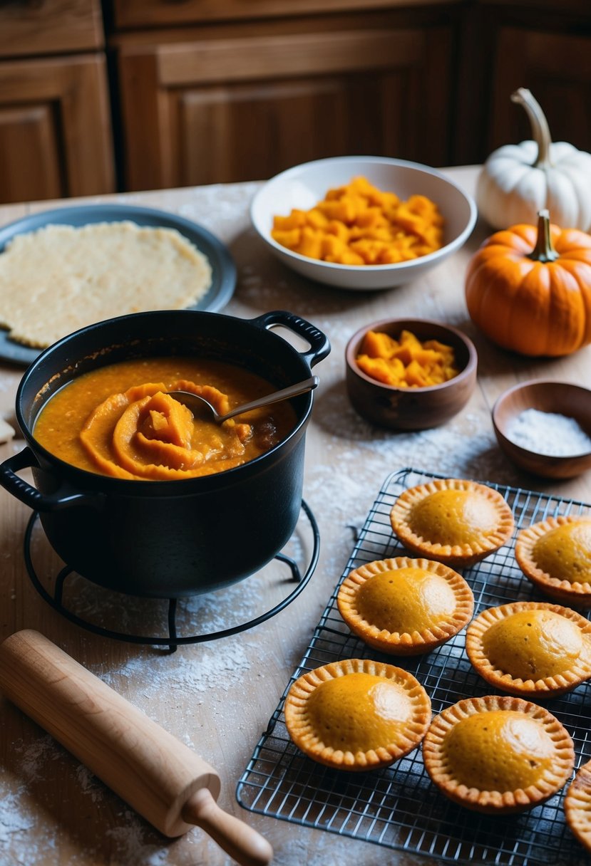 A cozy kitchen with a cauldron simmering pumpkin filling, a table covered in dough and a rolling pin, and a tray of freshly baked pumpkin pasties cooling on a wire rack