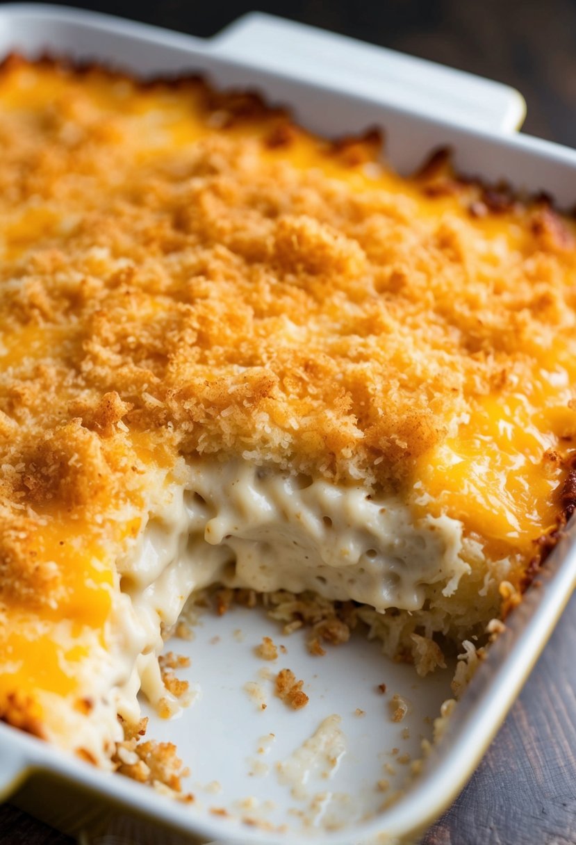 A golden-brown casserole dish filled with creamy, cheesy hashbrown casserole, topped with a crispy layer of melted cheese and breadcrumbs