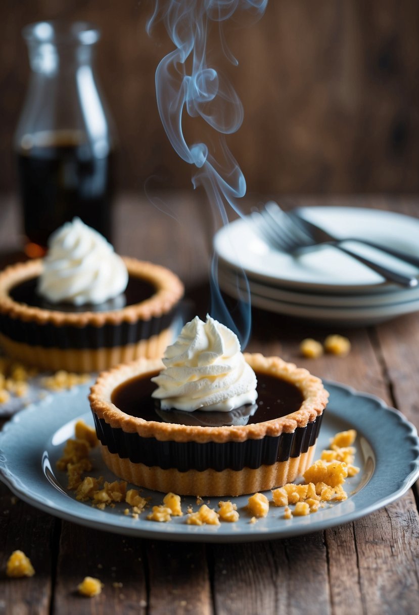 A steaming Treacle Tart sits on a rustic wooden table, surrounded by golden crumbs and a dollop of whipped cream