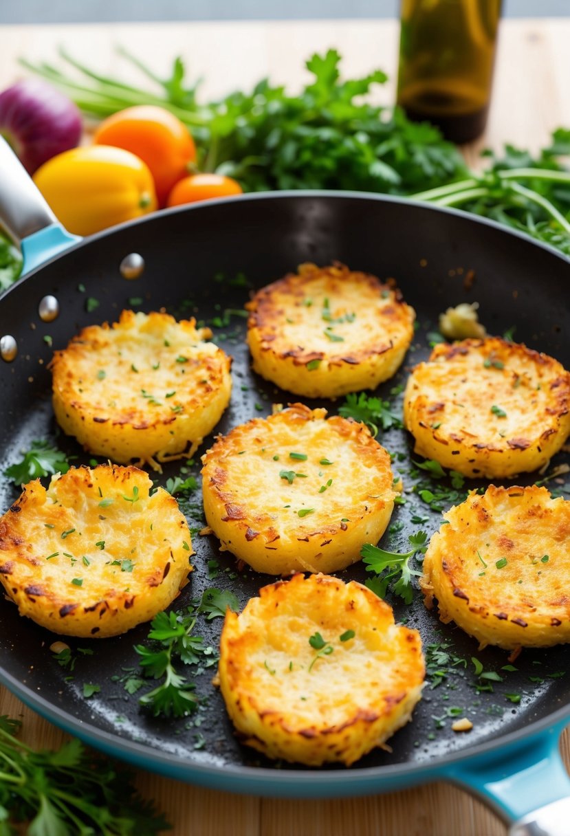 Golden-brown hash browns sizzling in a non-stick skillet, surrounded by fresh herbs and vegetables