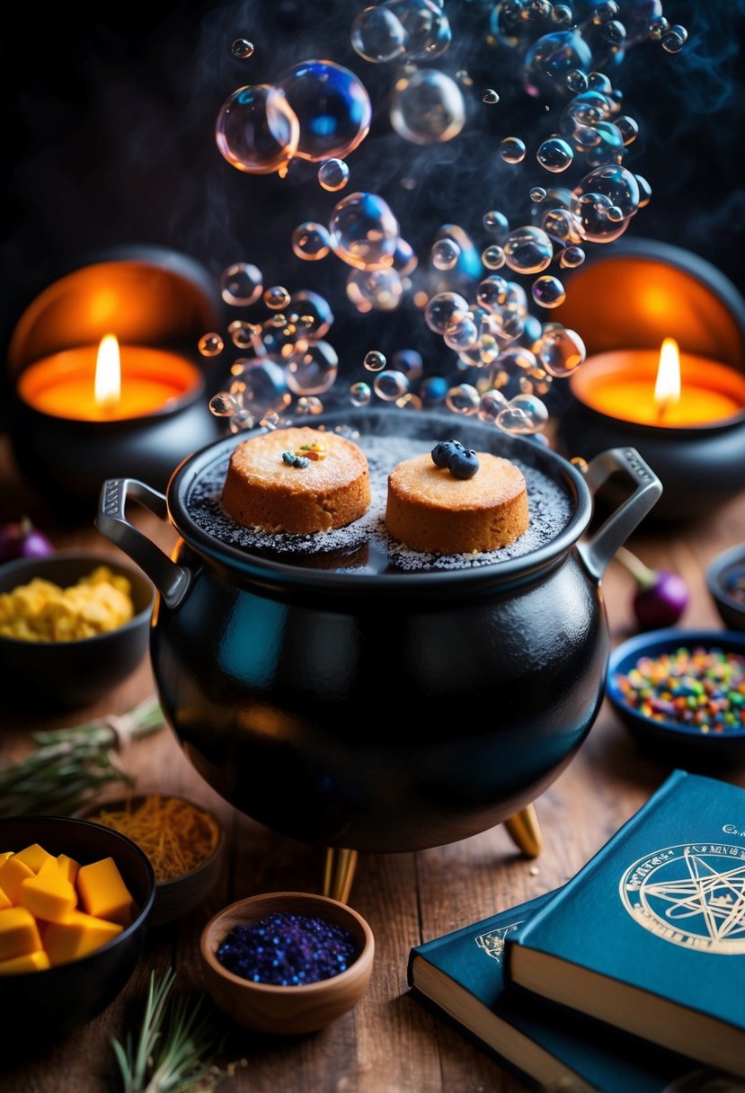 A cauldron bubbles with cakes, surrounded by magical ingredients and spellbooks