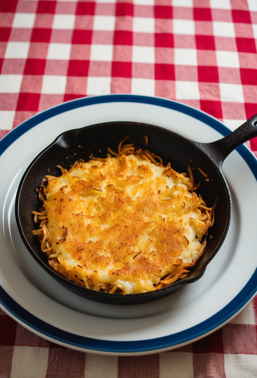 A sizzling skillet of golden-brown hash browns on a classic diner-style plate, surrounded by a vintage checkered tablecloth