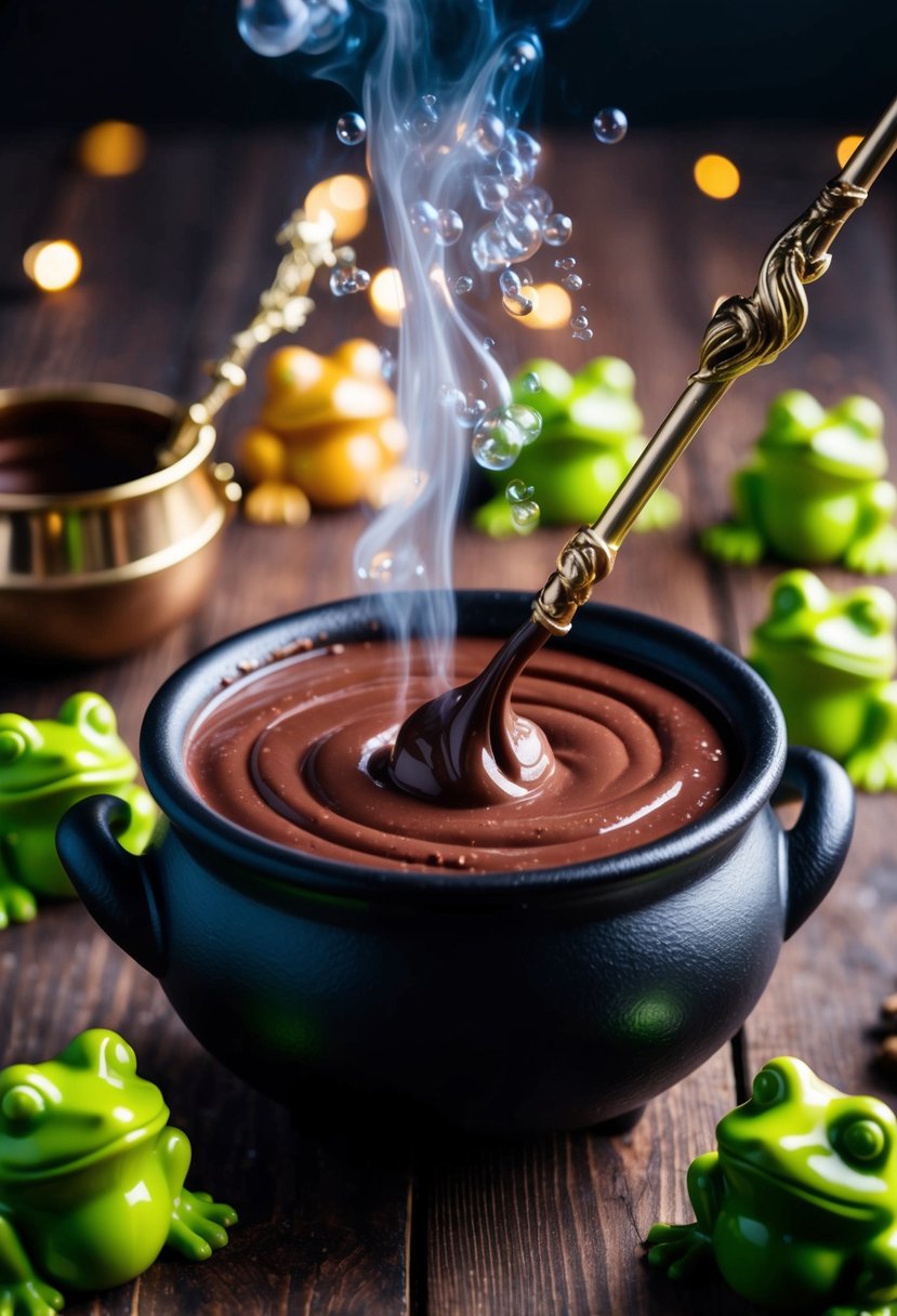 A cauldron bubbles with chocolate mixture. Frog-shaped molds are filled. Magic wands stir the concoction