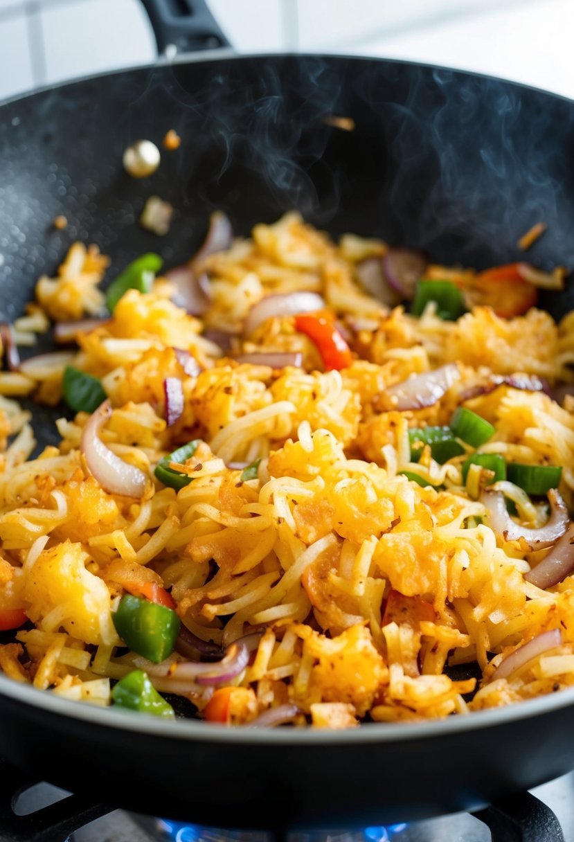 Golden hash browns sizzling on a skillet, mixed with sautéed onions and peppers, creating a mouthwatering aroma