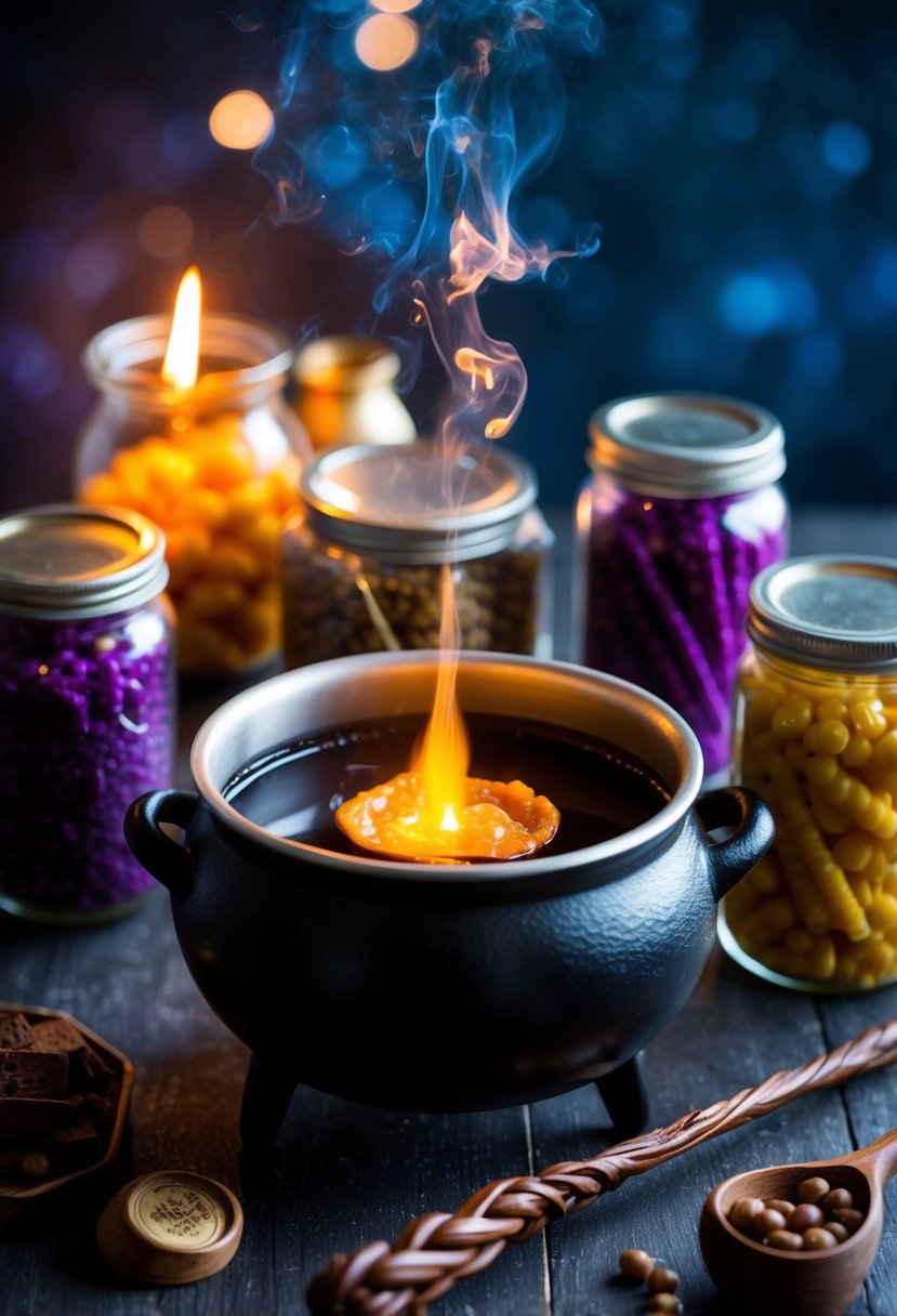 A cauldron bubbling with molten licorice, surrounded by jars of magical ingredients and a wand-shaped mold