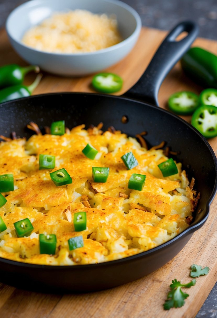 Golden hash browns sizzling in a skillet with diced jalapeños and spices