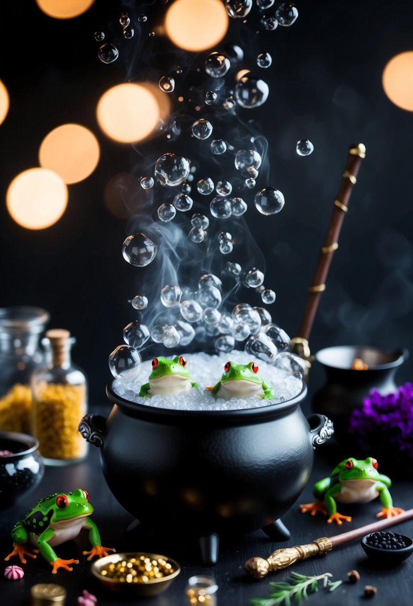 A cauldron bubbles with peppermint toads, surrounded by magical ingredients and a wand