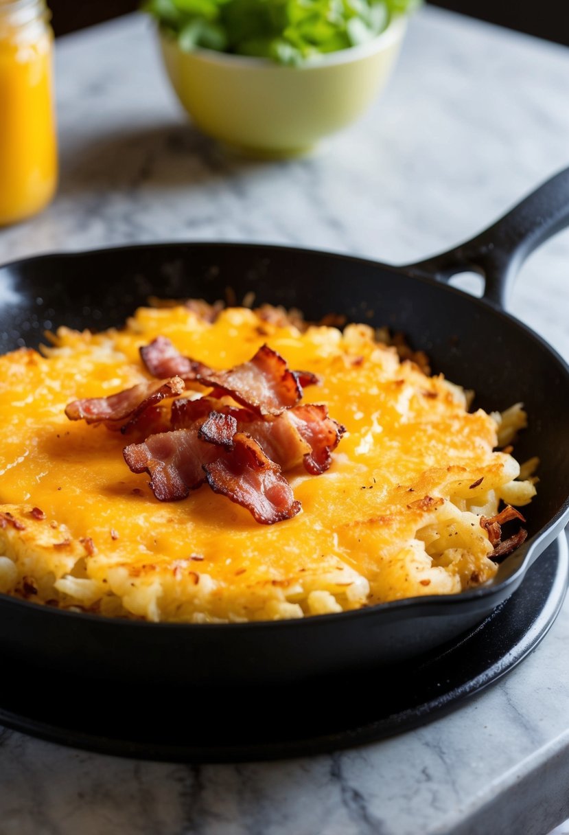 Golden hash browns sizzling on a hot skillet, topped with crispy bacon and melted cheese