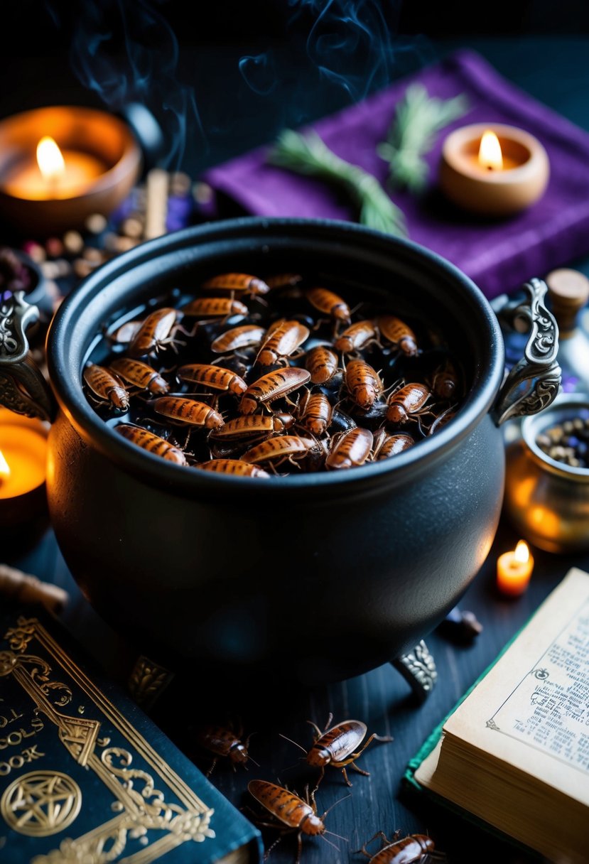 A cauldron bubbling with cockroach clusters, surrounded by magical ingredients and spell books