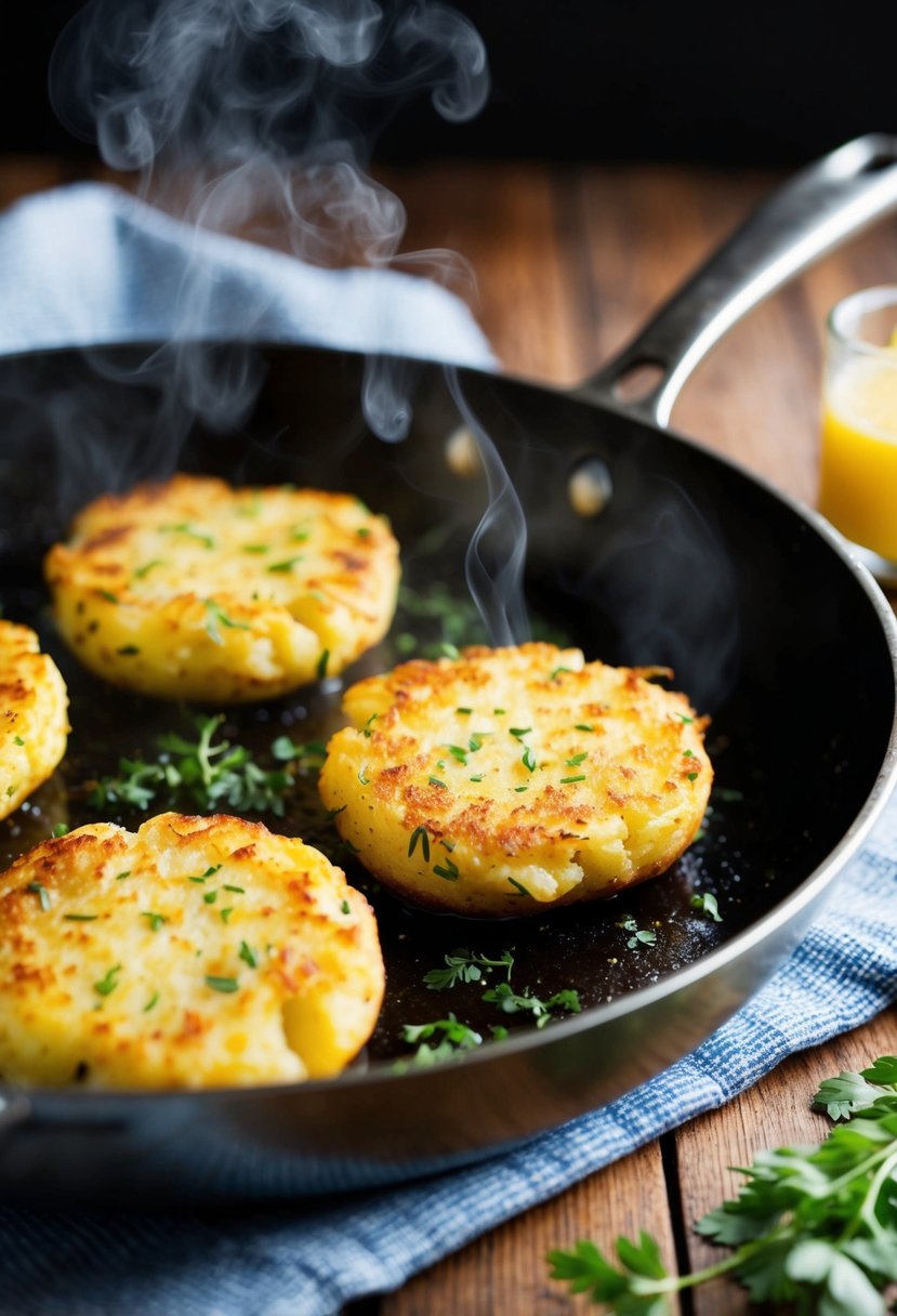 Golden herbed hash brown patties sizzling in a skillet. Steam rising, crispy edges, and fragrant herbs