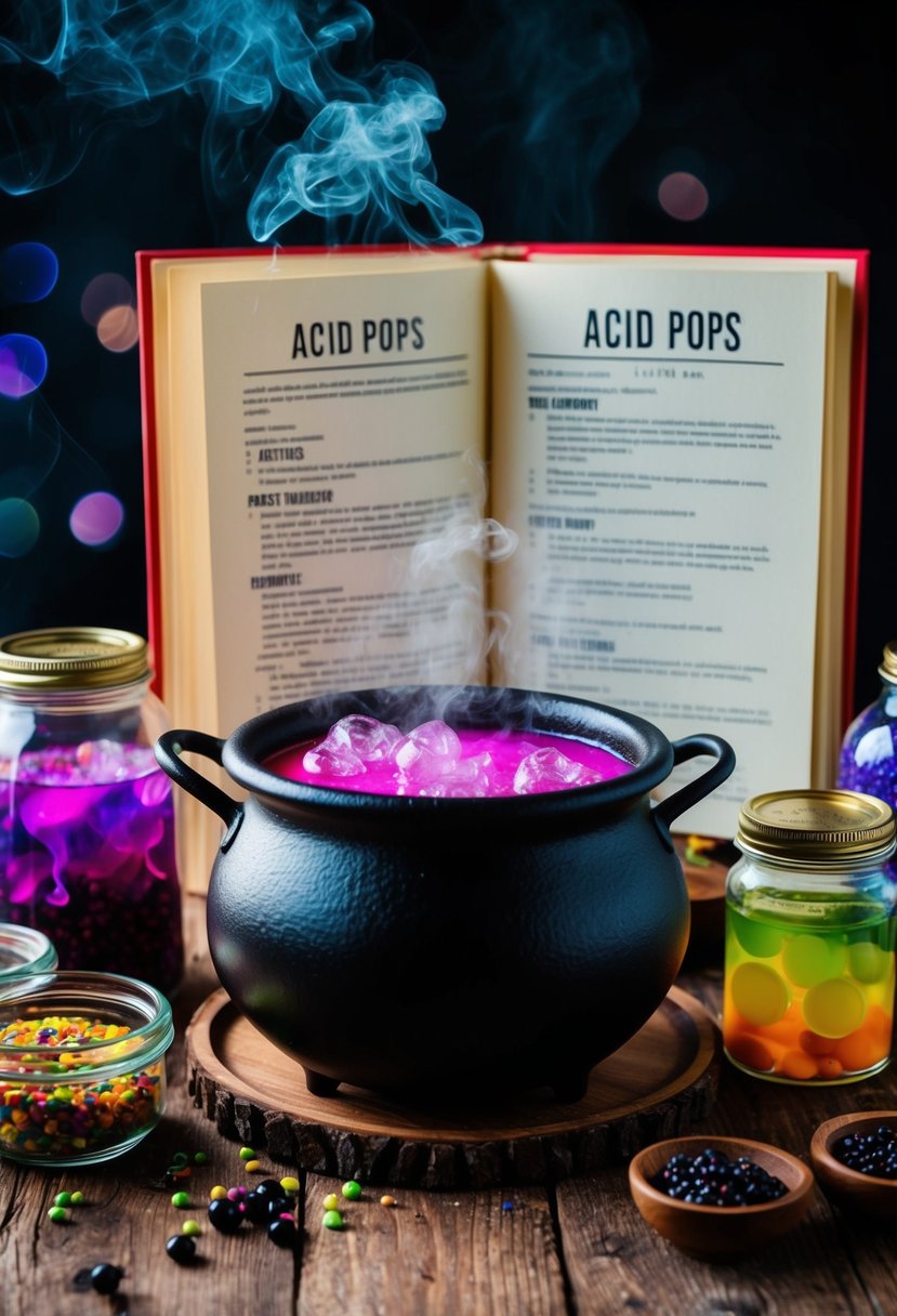 A cauldron bubbling with colorful liquid, surrounded by jars of strange ingredients and a recipe book open to the page for Acid Pops