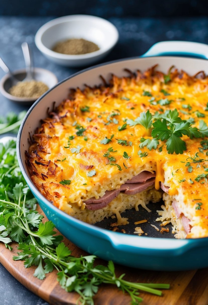 A sizzling casserole dish filled with layers of golden hash browns, melted cheese, and savory breakfast meats, surrounded by fresh herbs and spices