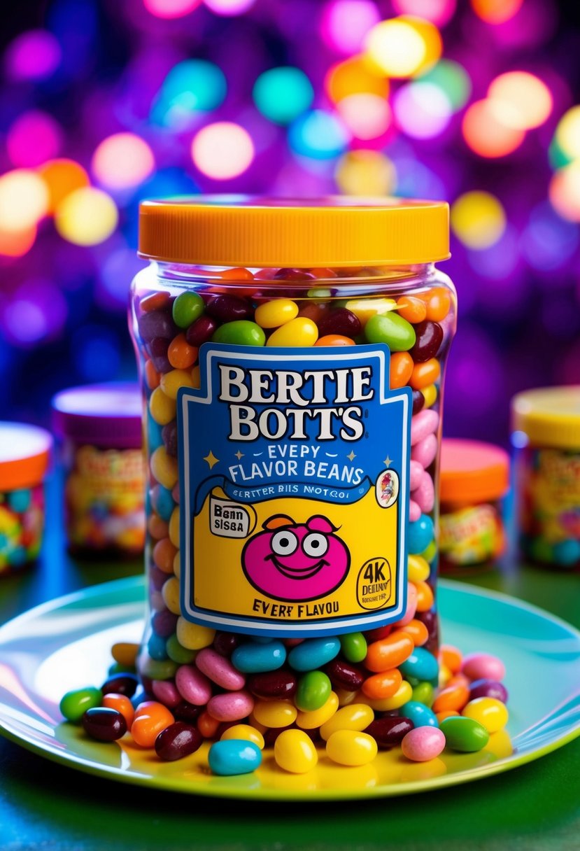 A colorful display of Bertie Bott's Every Flavor Beans, with a magical and whimsical atmosphere