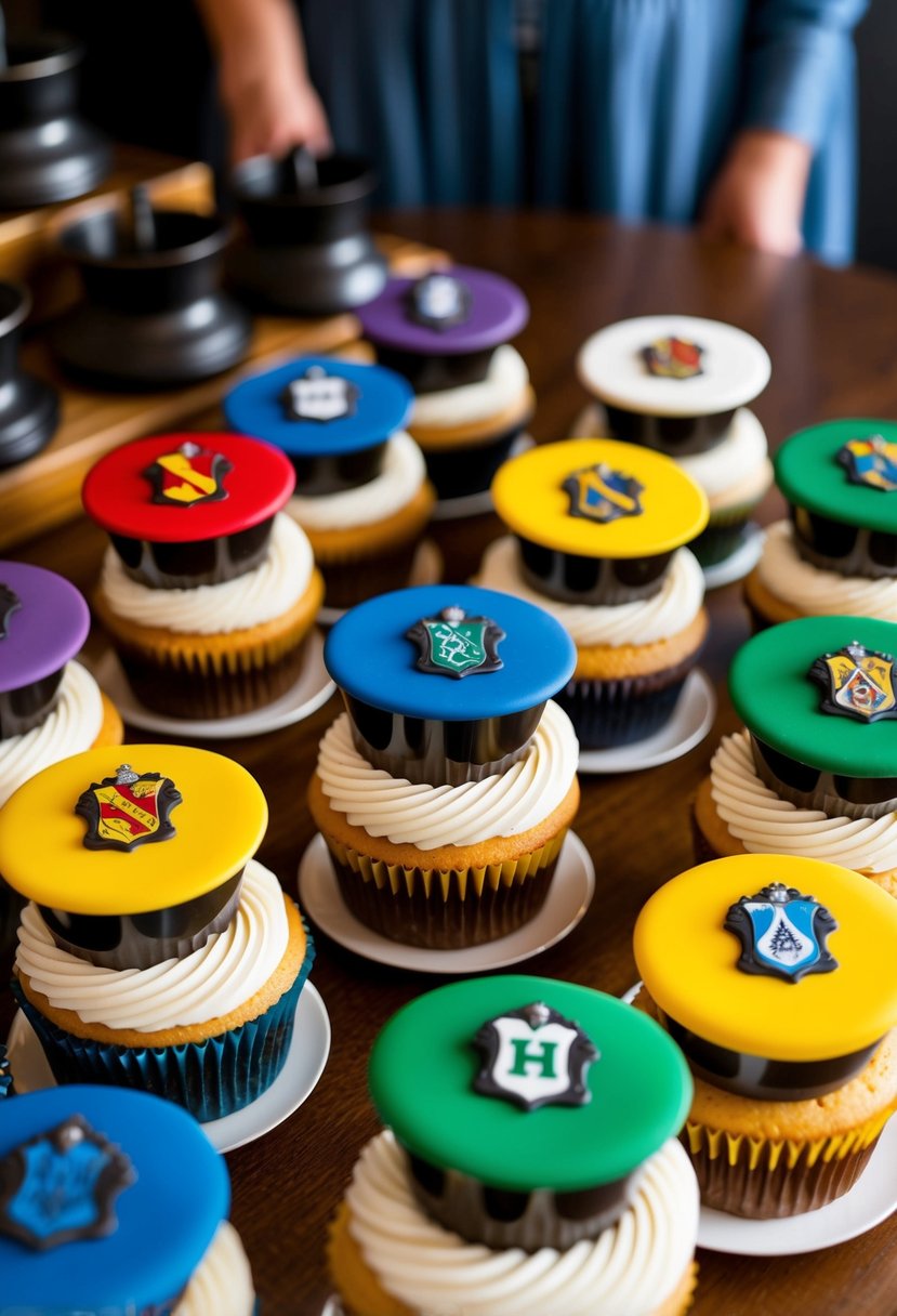 A table filled with colorful Sorting Hat cupcakes, each adorned with a different Hogwarts house emblem