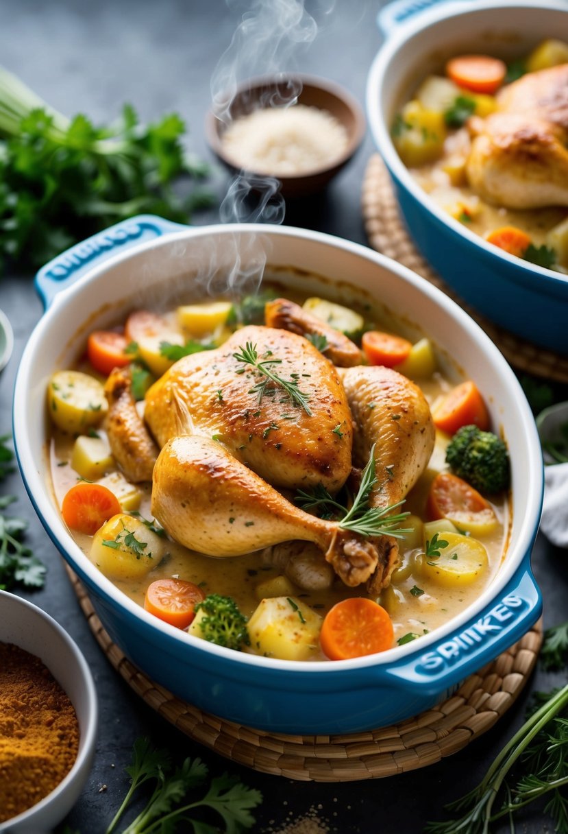 A steaming casserole dish filled with golden-brown chicken, mixed vegetables, and creamy sauce, surrounded by fresh herbs and spices