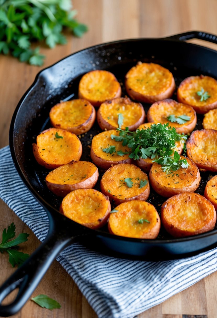 A cast iron skillet sizzling with golden-brown sweet potato hash browns, topped with a sprinkle of fresh herbs