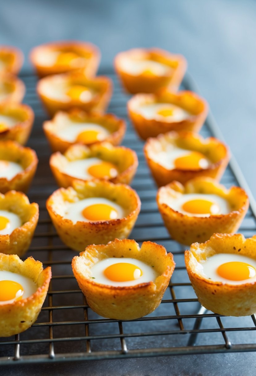 A tray of golden hash brown egg cups cooling on a wire rack