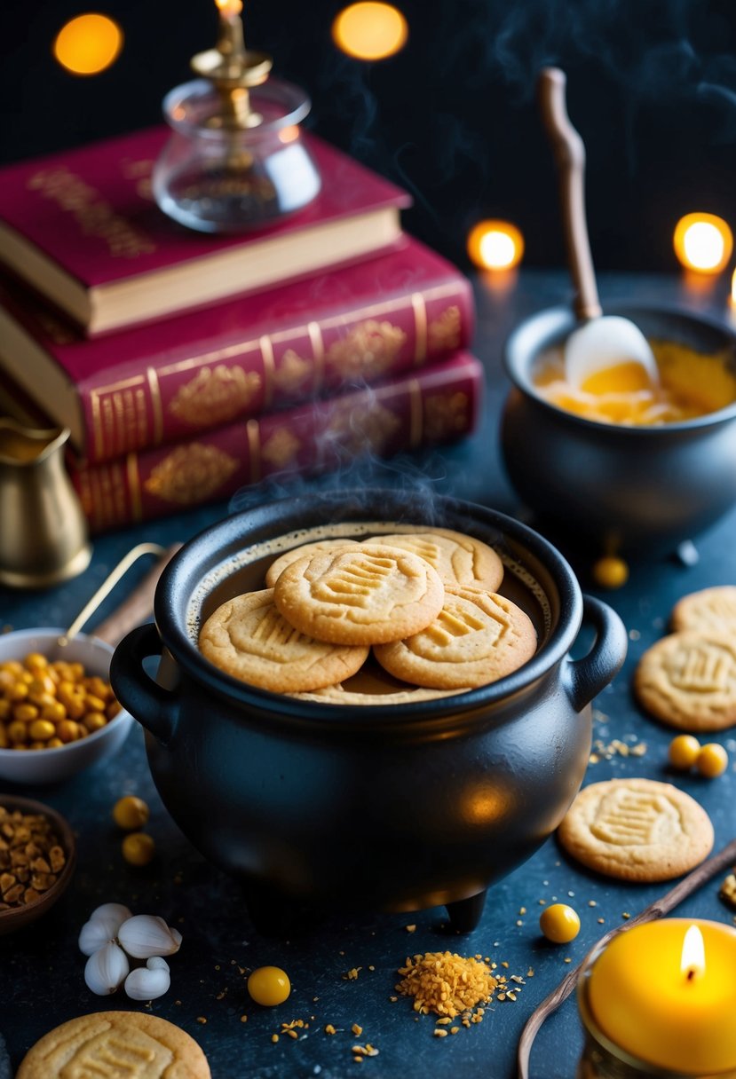 A cauldron bubbling with golden Butterbeer Cookies, surrounded by wizarding ingredients and spell books