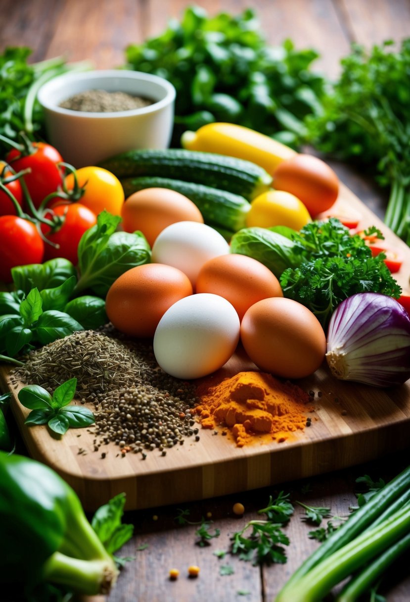 A colorful array of fresh vegetables and eggs on a cutting board, surrounded by herbs and spices