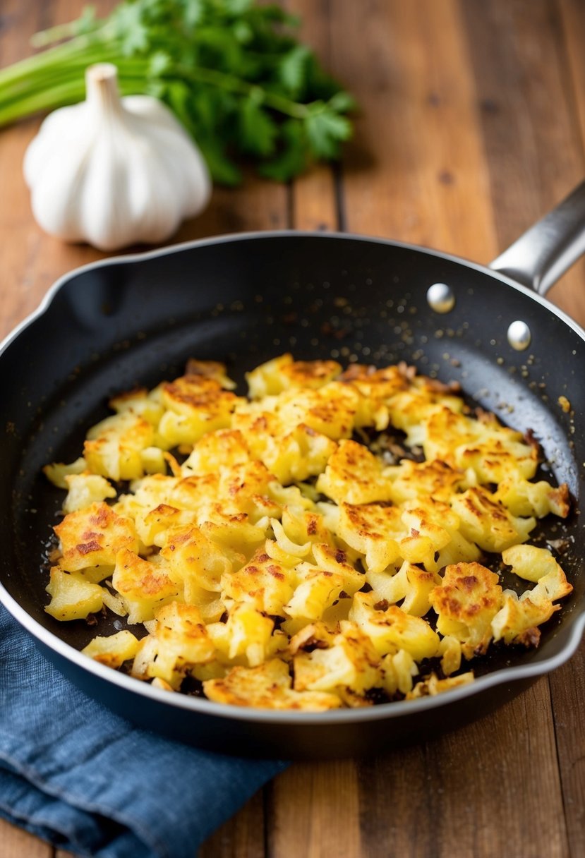 Golden hash browns sizzling in a skillet with aromatic garlic