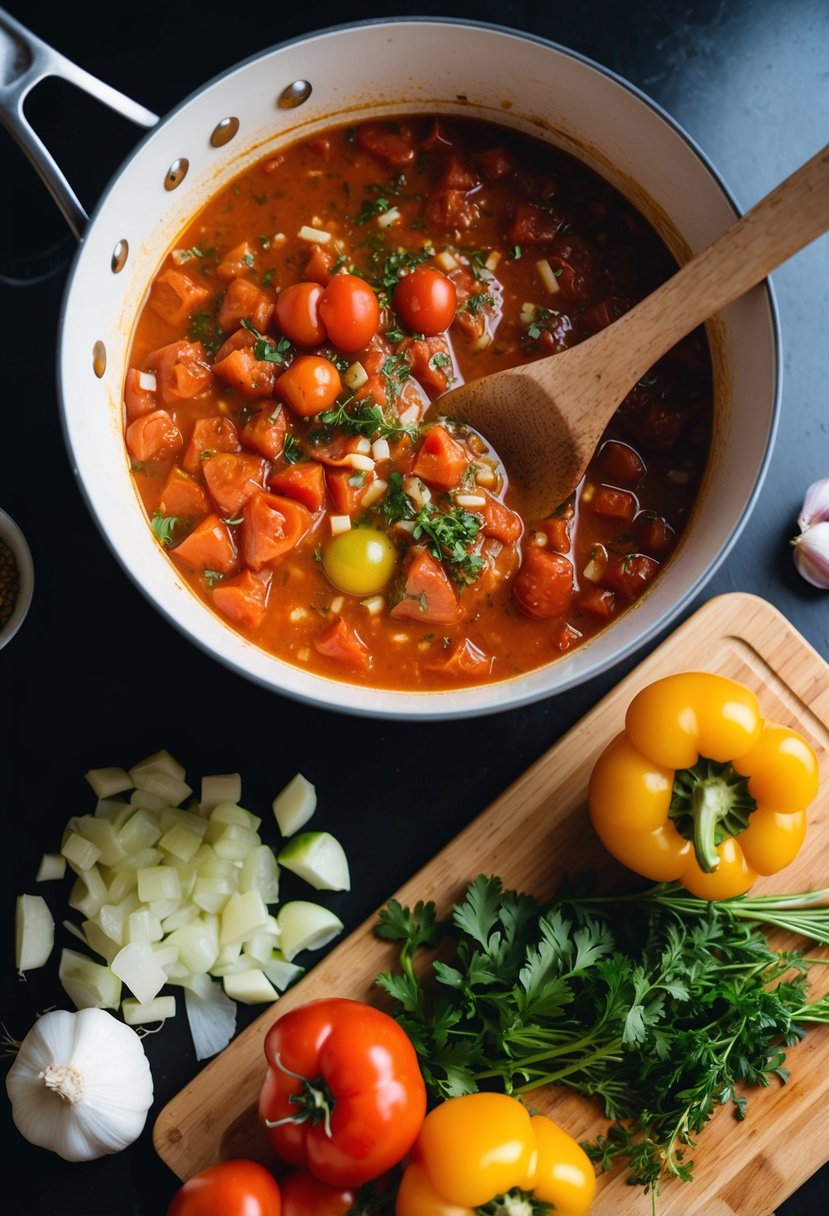 A pot simmering with tomatoes, herbs, and garlic. Chopped onions and peppers on a cutting board. A wooden spoon stirring the sauce