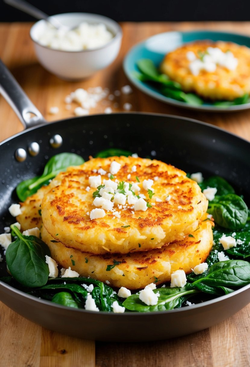 Golden hash browns sizzling in a skillet with vibrant green spinach and crumbled feta cheese sprinkled on top