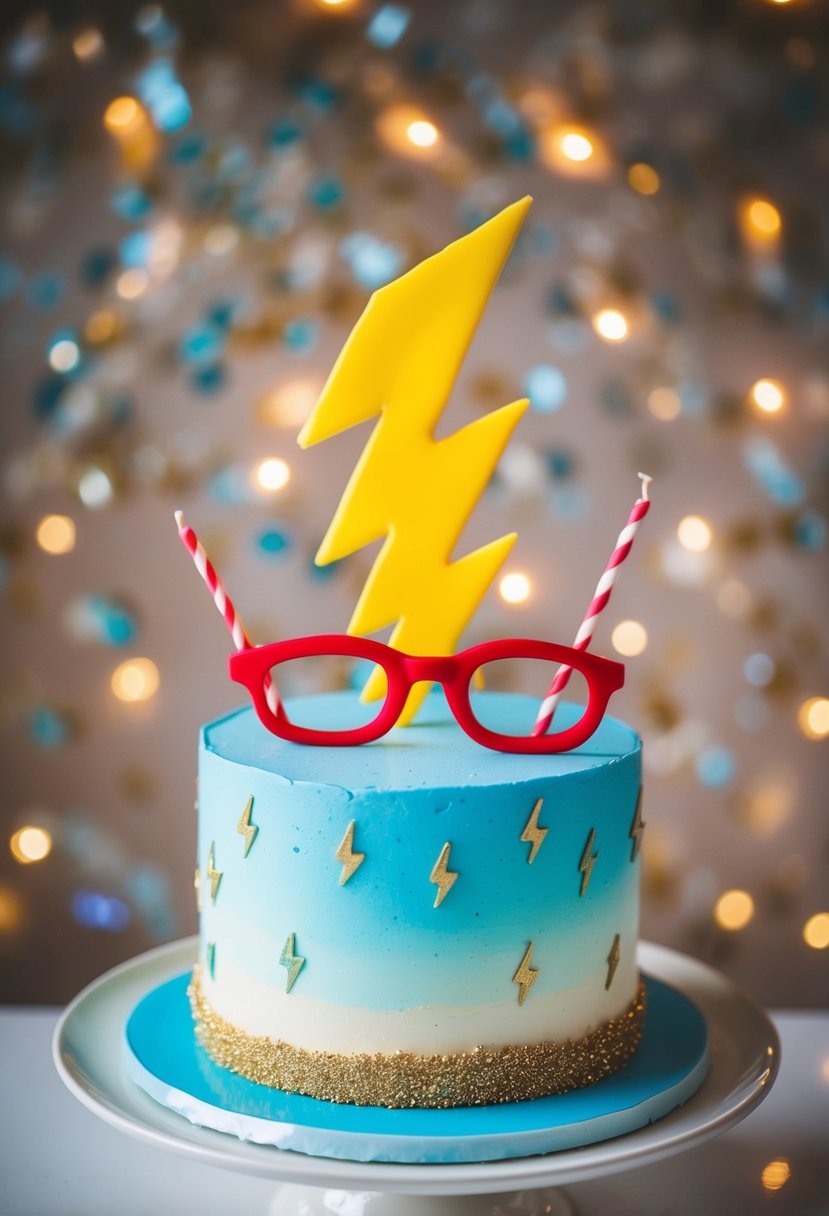 A magical birthday cake adorned with lightning bolt and glasses decorations