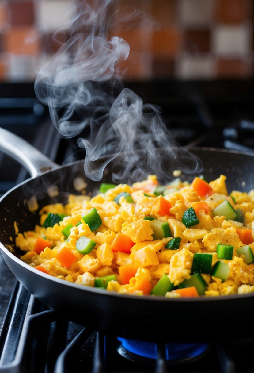 A sizzling skillet of scrambled eggs mixed with colorful diced vegetables, steam rising from the pan