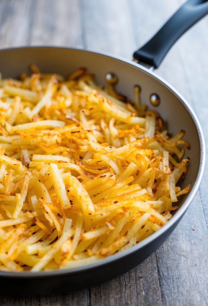 Golden shredded hash browns sizzling in a buttered skillet