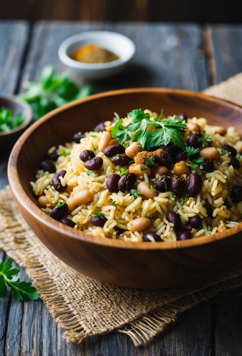 A wooden bowl filled with rice and beans, garnished with fresh herbs and spices, set on a rustic table