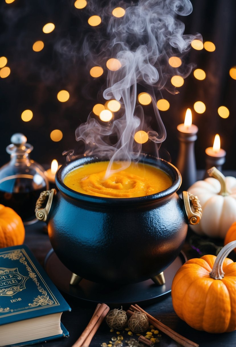 A cauldron bubbles with steaming pumpkin juice, surrounded by magical ingredients and spell books