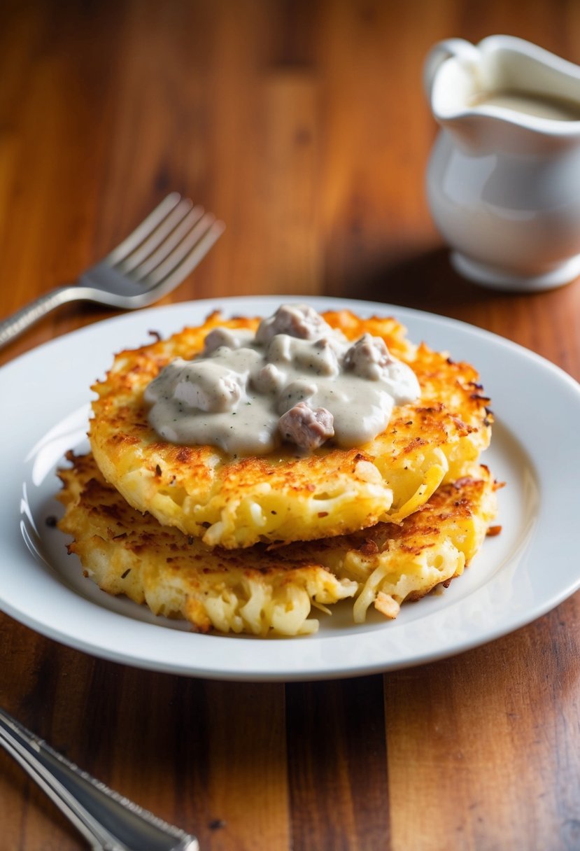 A plate of golden hash browns topped with creamy sausage gravy