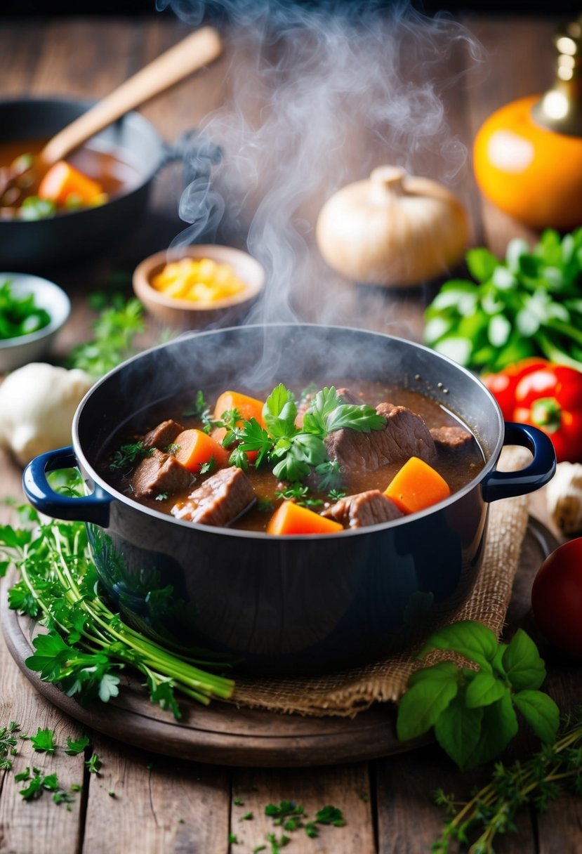 A steaming pot of beef stew surrounded by fresh vegetables and herbs on a rustic wooden table