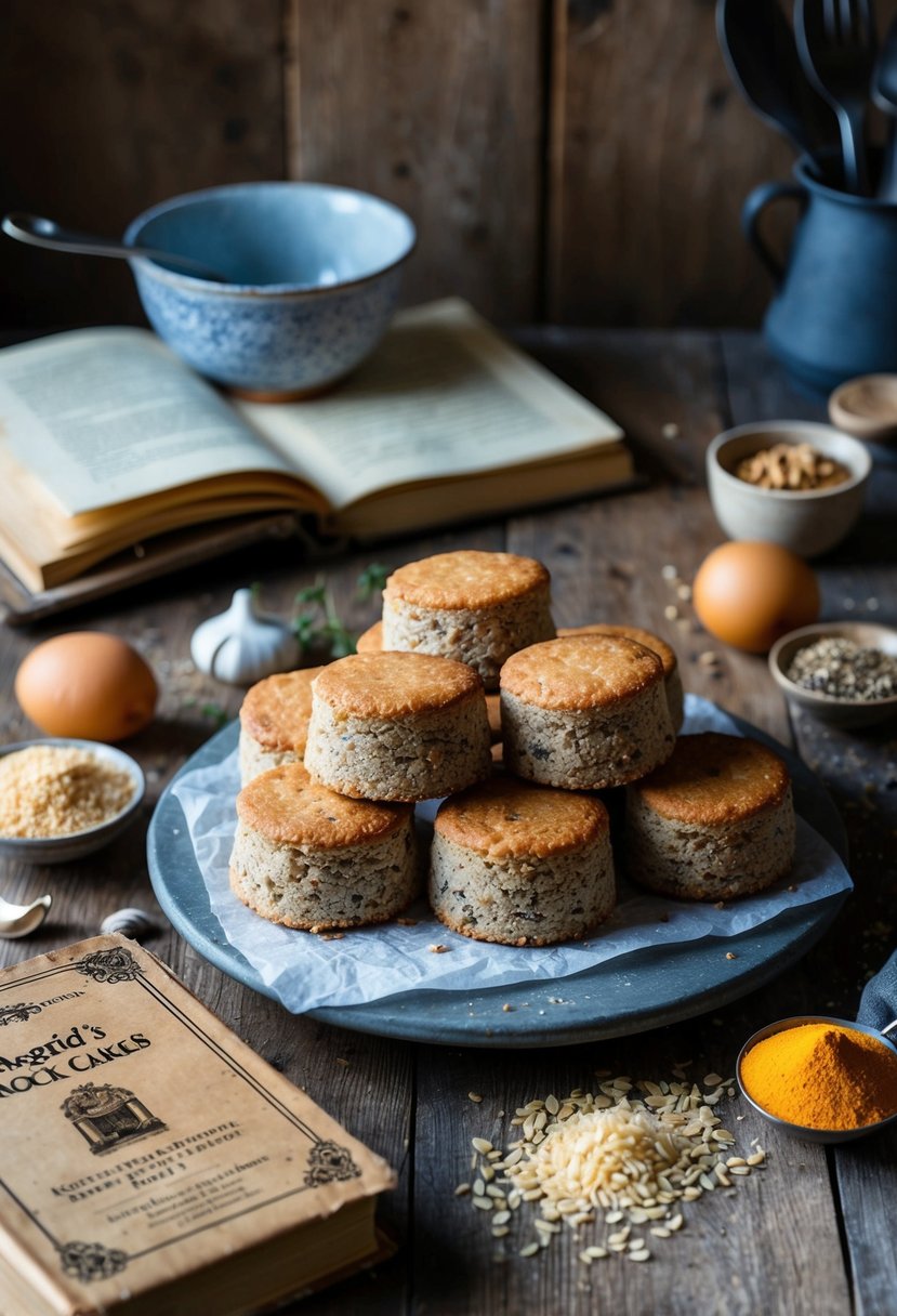 A rustic kitchen table displays a batch of Hagrid's Rock Cakes, surrounded by scattered ingredients and a worn recipe book