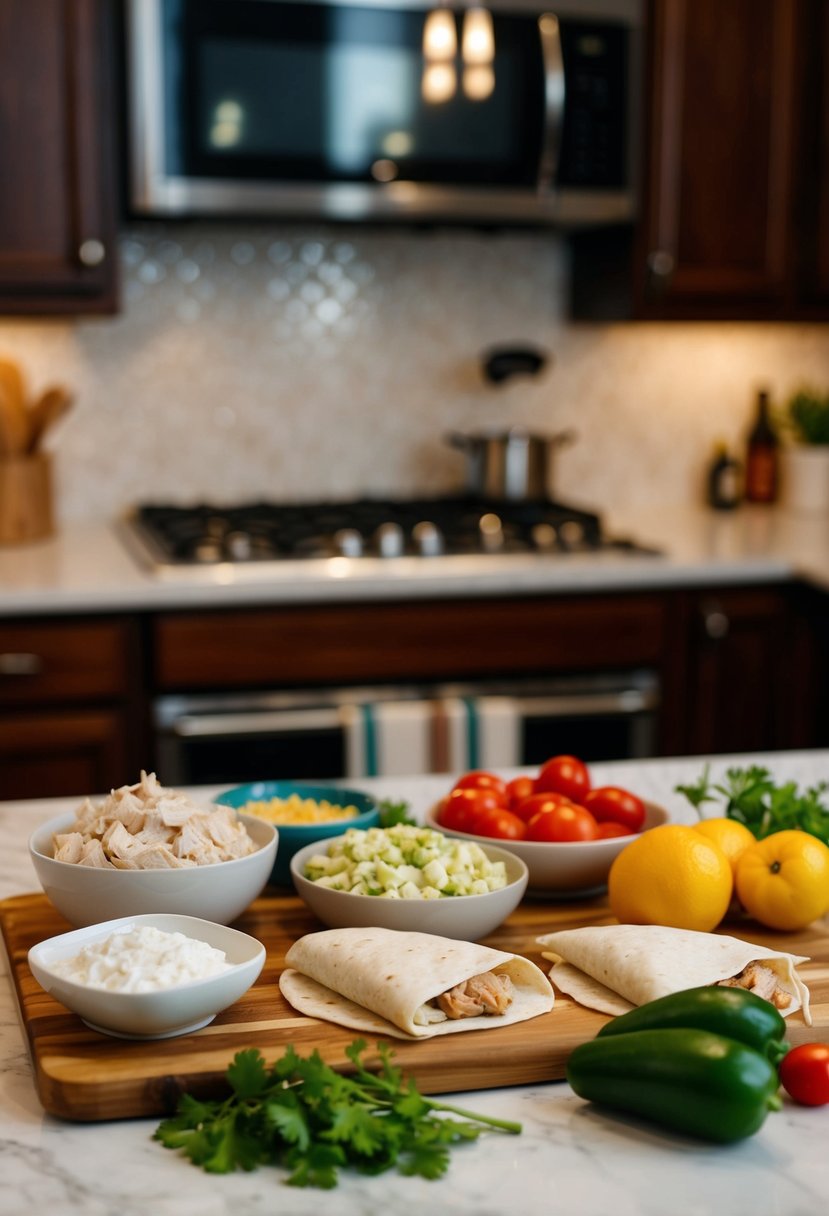 A kitchen counter with various ingredients laid out for making chicken wraps