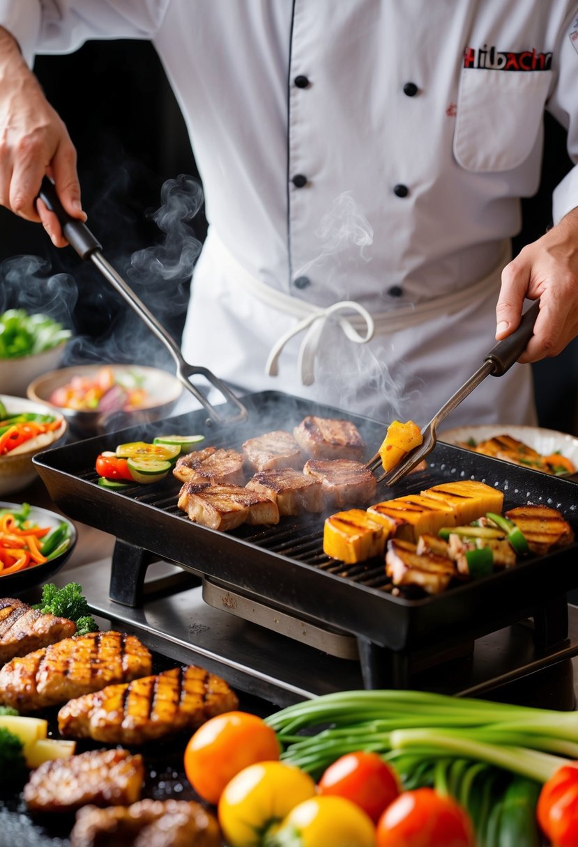 A chef grills hibachi recipes on a sizzling hot iron griddle, surrounded by colorful vegetables and meat, with steam rising into the air