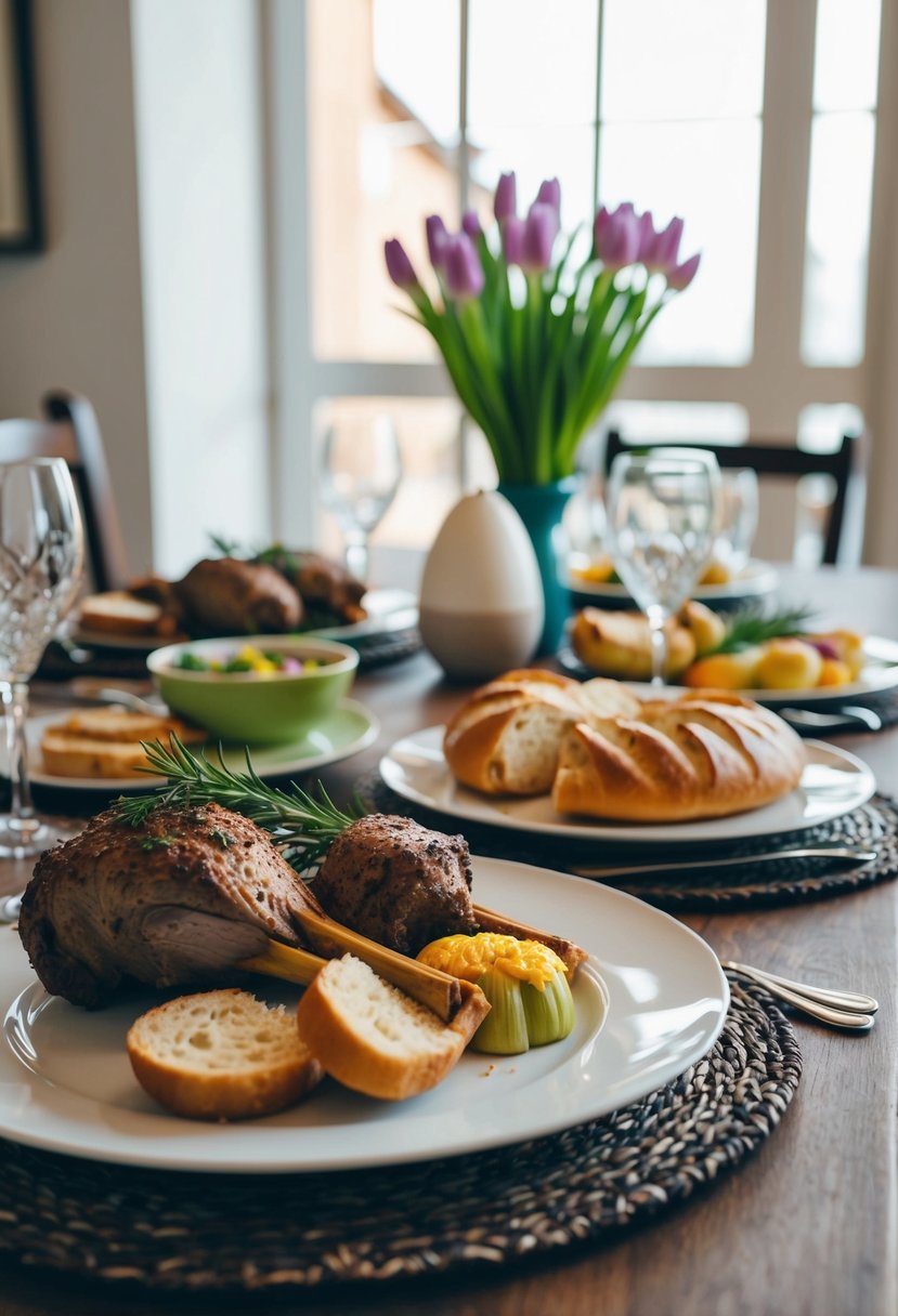 A table set with traditional Italian Easter dishes, including lamb, artichokes, and sweet bread