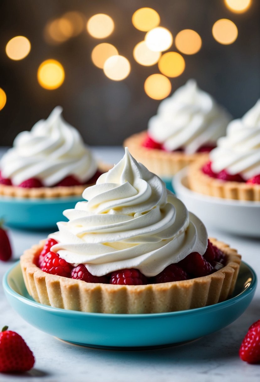 A bowl of whipped cream peaks on a fruit tart