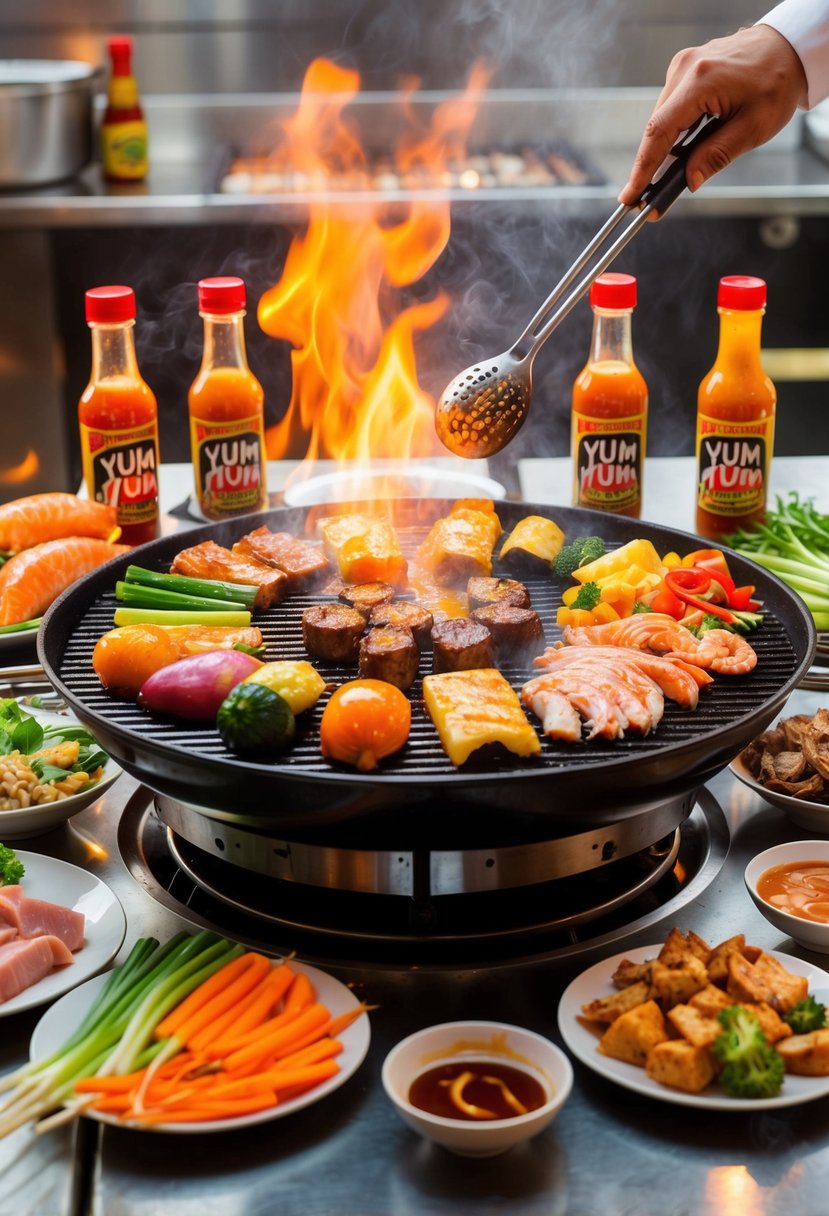 A sizzling hibachi grill with a colorful array of fresh vegetables, meats, and seafood being cooked, surrounded by bottles of Yum Yum Sauce