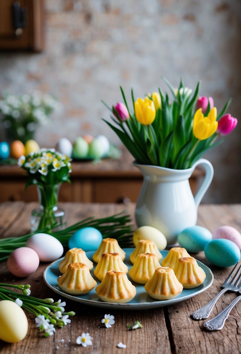 A rustic kitchen table with a plate of freshly baked pasticciotti pastries, surrounded by colorful Easter eggs and a vase of spring flowers