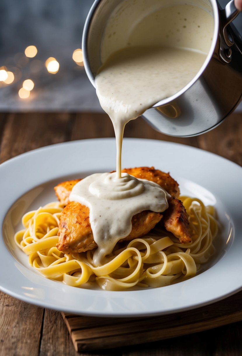 A steaming pot of creamy alfredo sauce being poured over a plate of rich, golden chicken and fettuccine pasta