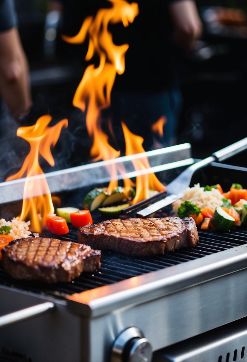 A sizzling hibachi grill with steak, vegetables, and rice cooking over open flames