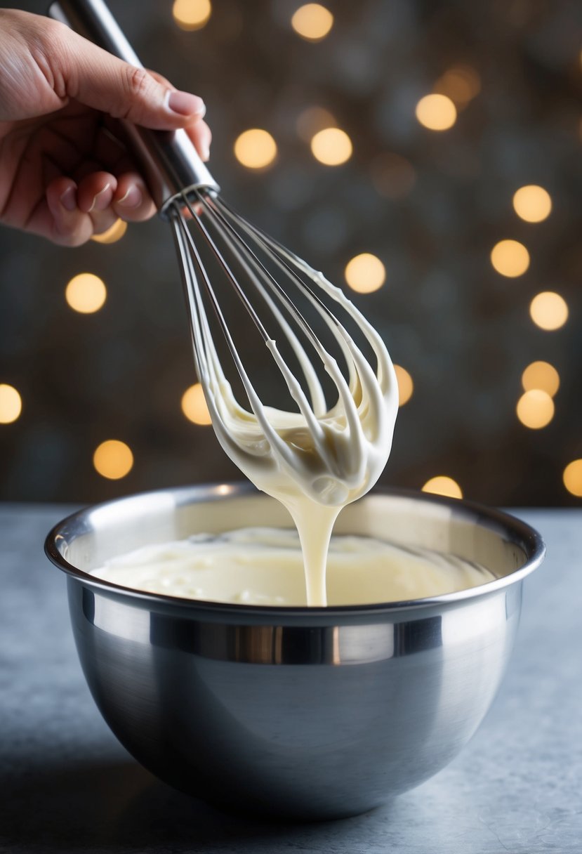 A metal bowl filled with heavy cream being whisked until stiff peaks form