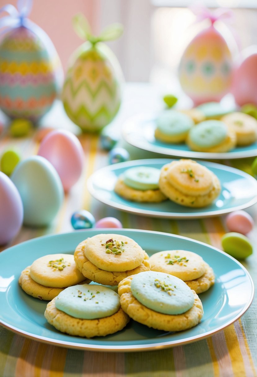 A table set with pastel-colored Pistachio Ricotta Cookies and Easter decorations