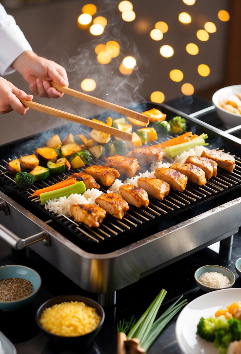 A sizzling hibachi grill with chicken, vegetables, and rice cooking on it, surrounded by a chef's tools and seasonings