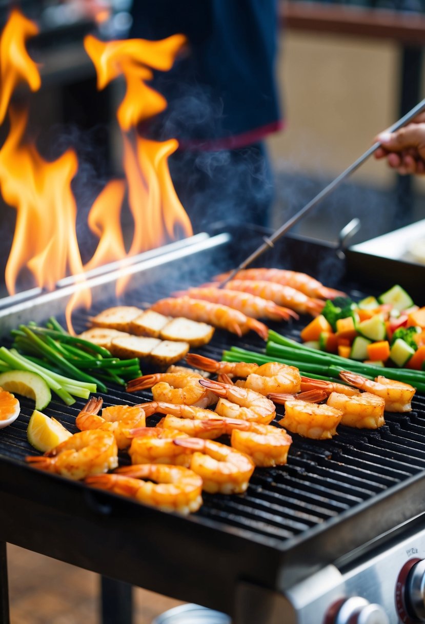 A sizzling hibachi grill with shrimp, chicken, and assorted vegetables cooking over an open flame