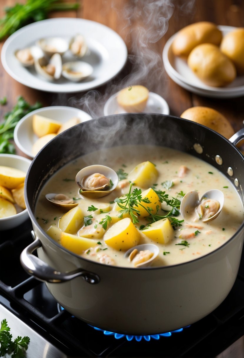 A steaming pot of New England Clam Chowder simmers on a stove, surrounded by fresh clams, potatoes, and aromatic herbs. Creamy and rich, it exudes warmth and comfort