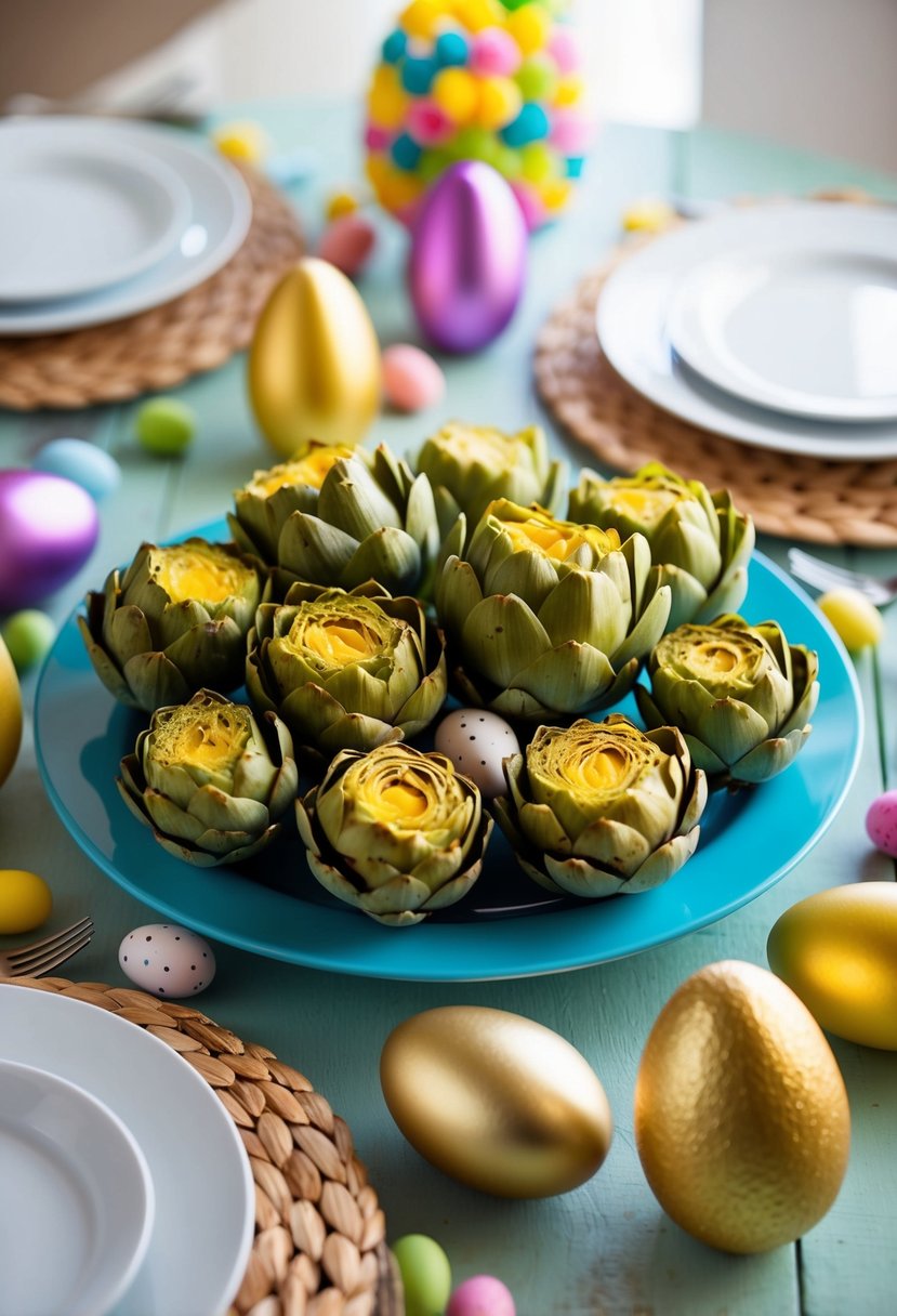 A table set with a platter of stuffed Sicilian artichokes surrounded by colorful Easter decorations