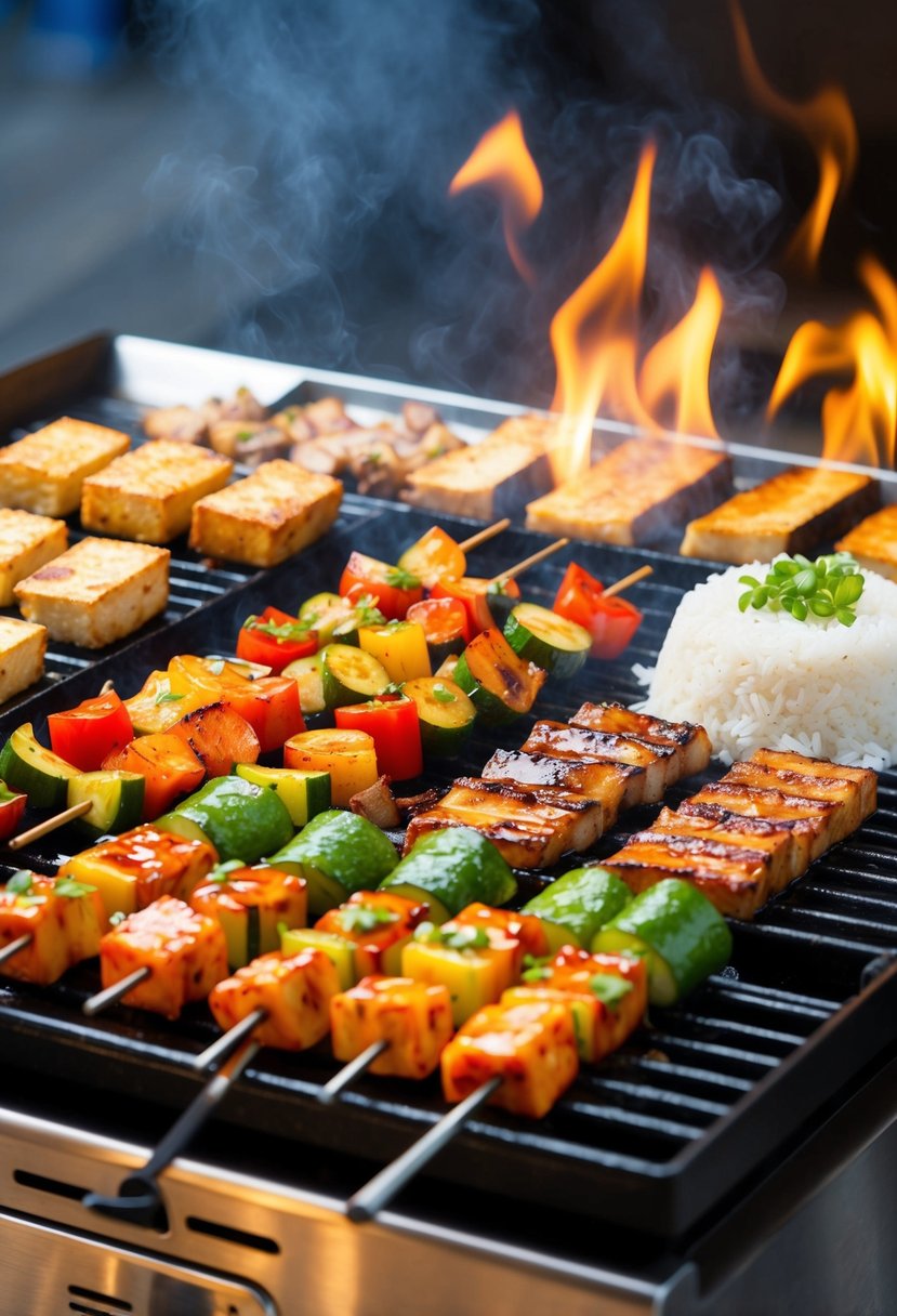 A sizzling hibachi grill with an array of colorful teriyaki-glazed vegetables cooking alongside marinated tofu and steamed rice