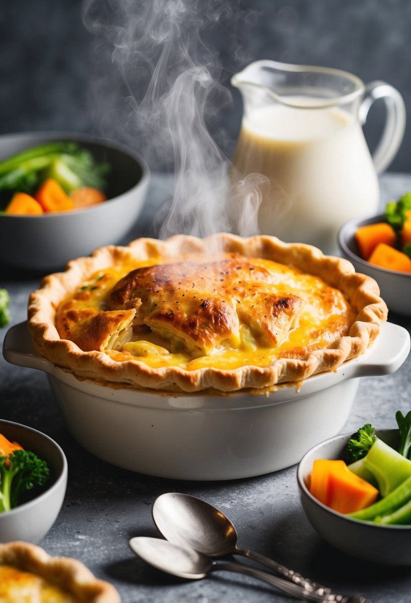 A steaming chicken pot pie with a golden flaky crust, surrounded by bowls of fresh vegetables and a jug of heavy cream